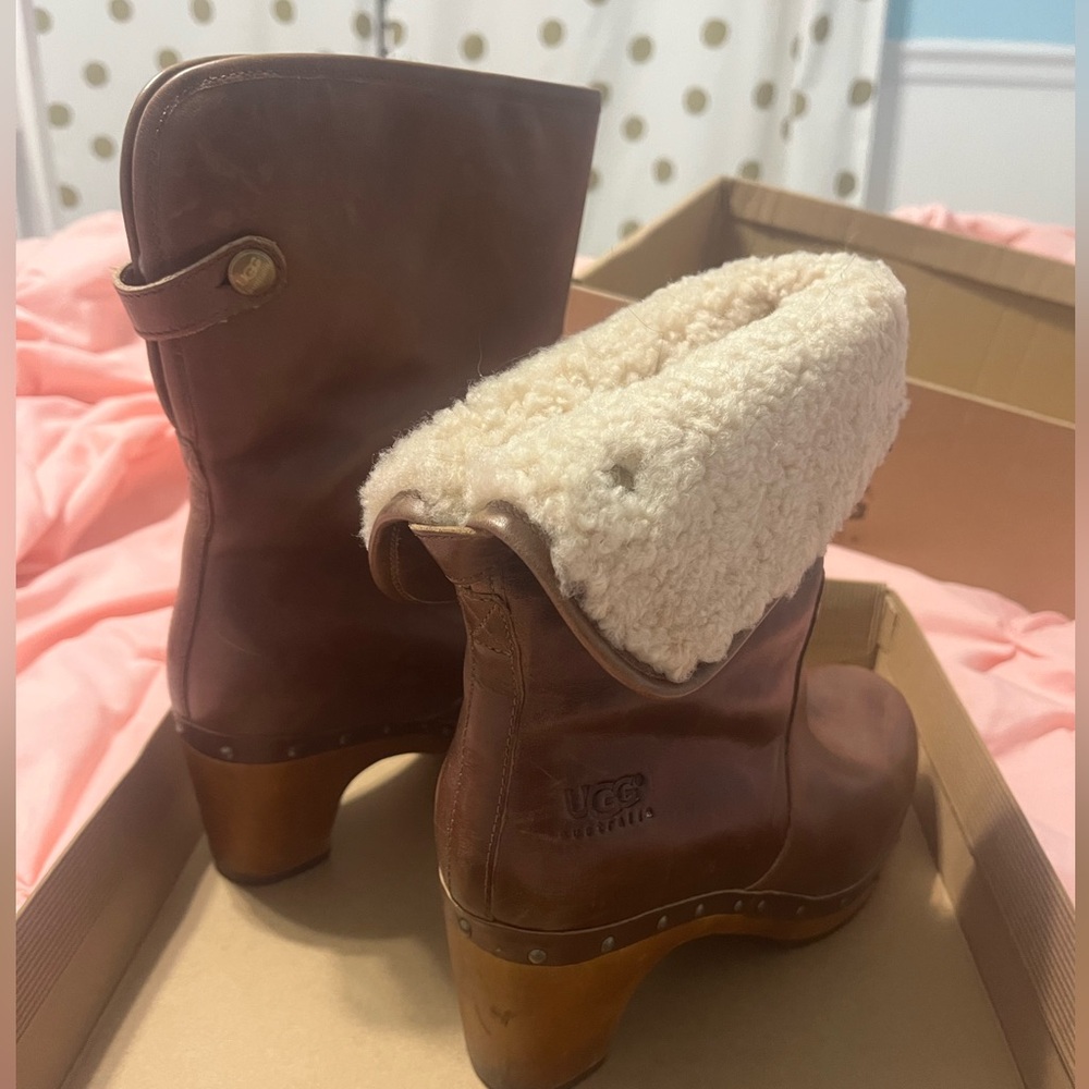 UGG Women's Brown Leather Clogs with Shearling Lining